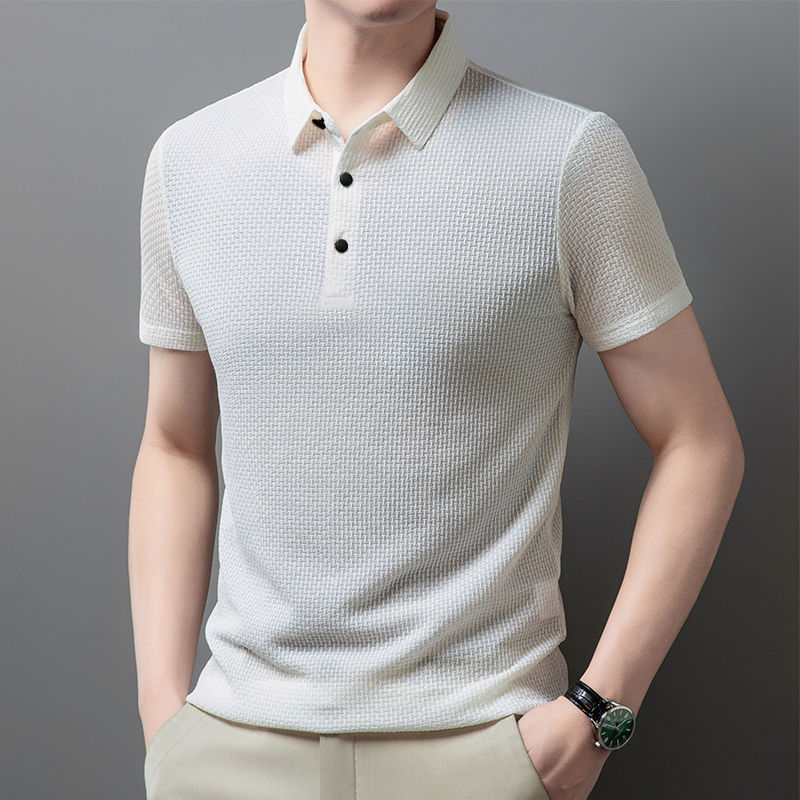 Thumbnail: New Men's Business Casual Short Sleeved Bone Flower Solid Color POLO Shirt Fashi