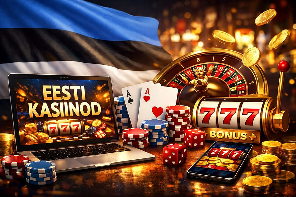 Silmipüüdev horisontaalne pilt Eesti online kasiinode teemal: arvuti ja telefon kasiinomängudega, žetoonid, rulett, mängukaardid ja taustal Eesti lipp.