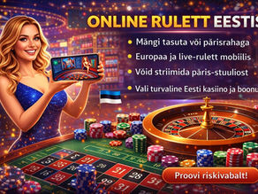 Illustratsioon online-ruletist Eestis: naine hoiab telefoni live-ruleti ekraaniga, ees ruletilaud ja värvilised žetoonid kasiino taustal.