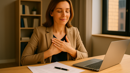 Mujer directiva en su oficina, con gesto de calma y satisfacción, representando el momento de transformación tras mejorar sus habilidades de liderazgo emocional