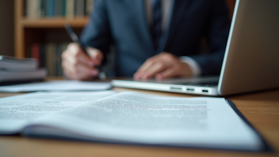 Eye-level view of a lawyer's desk with legal documents and a laptop