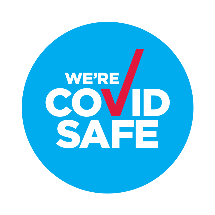This is the Australian digital badge indicating a business is Covid Safe. The round blue circle contains the words 'we're COVID SAFE' with a red tick.