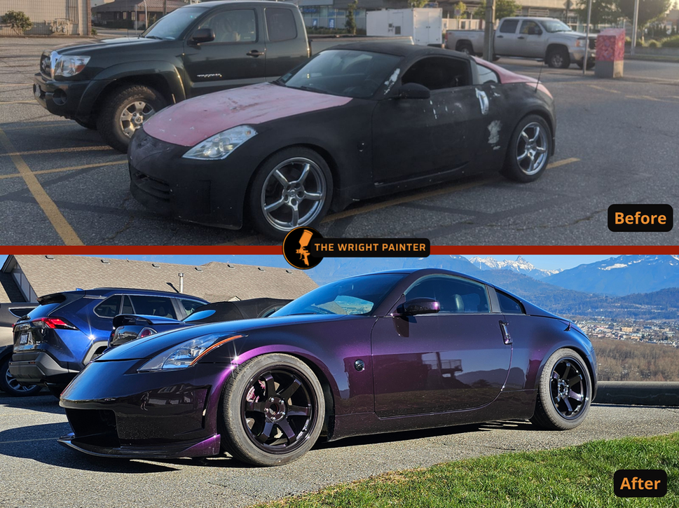 Before and after images of The Wright Painter's performance. Midnight purple sport car