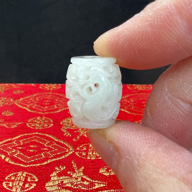Jade bead: One(1) bead, Hand carved white jade barrel bead, genuine color