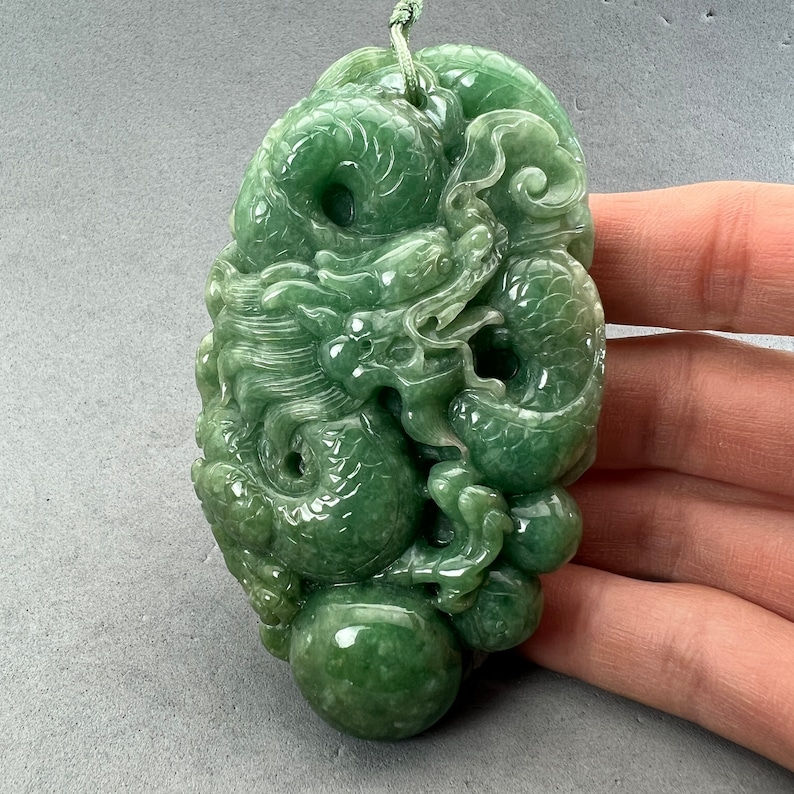 Vintage Hand carved Jadeite pendant of dragon, year of the dragon, Massive