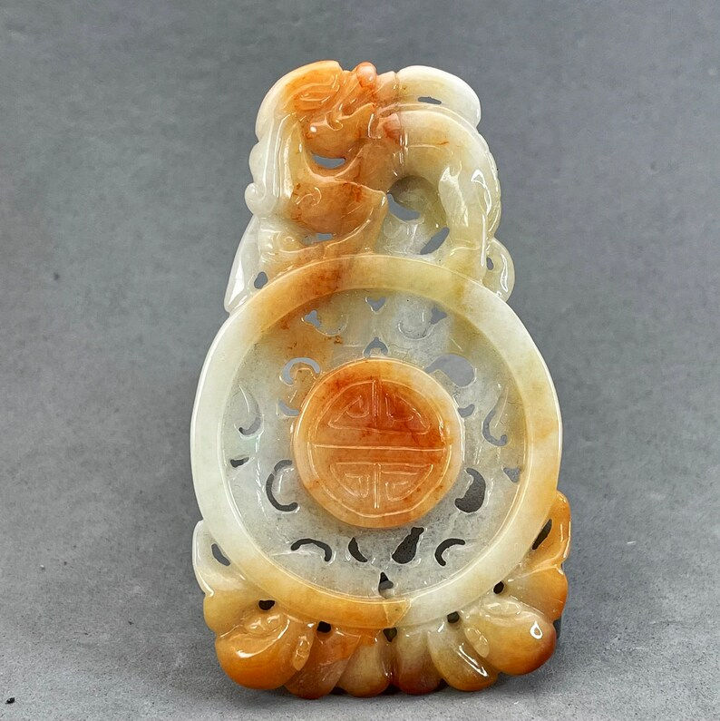 Vintage Hand carved Jadeite pendant of a dragon, gold coin, year of the