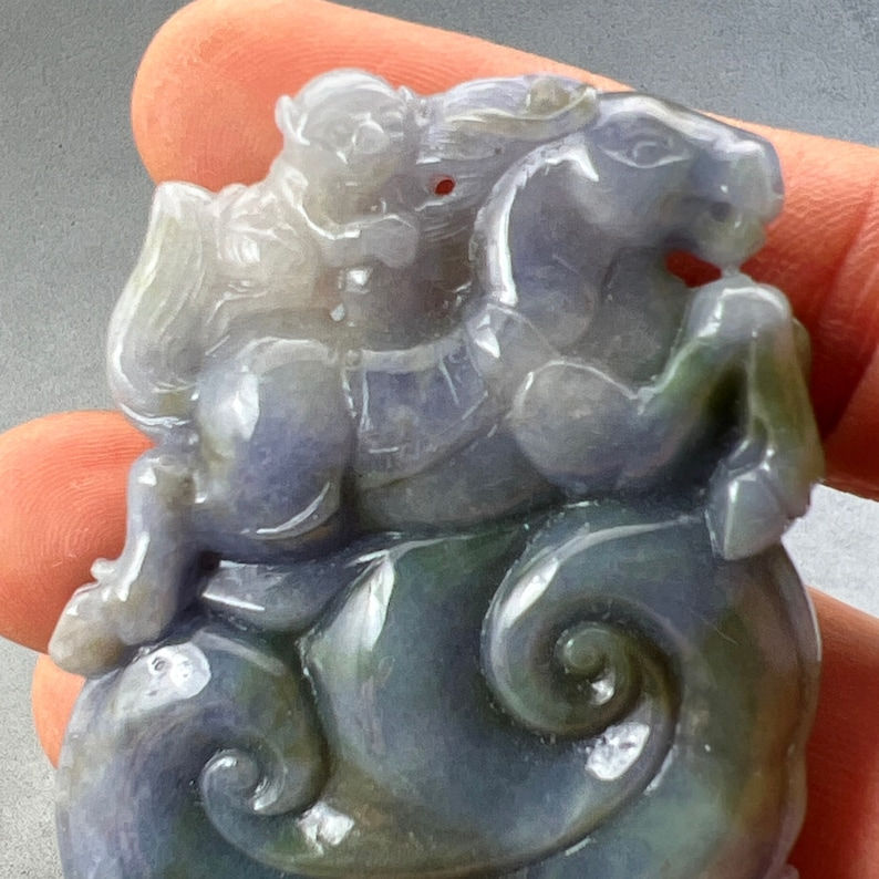 Vintage Hand carved gray Jadeite pendant of monkey riding on a horse, year of