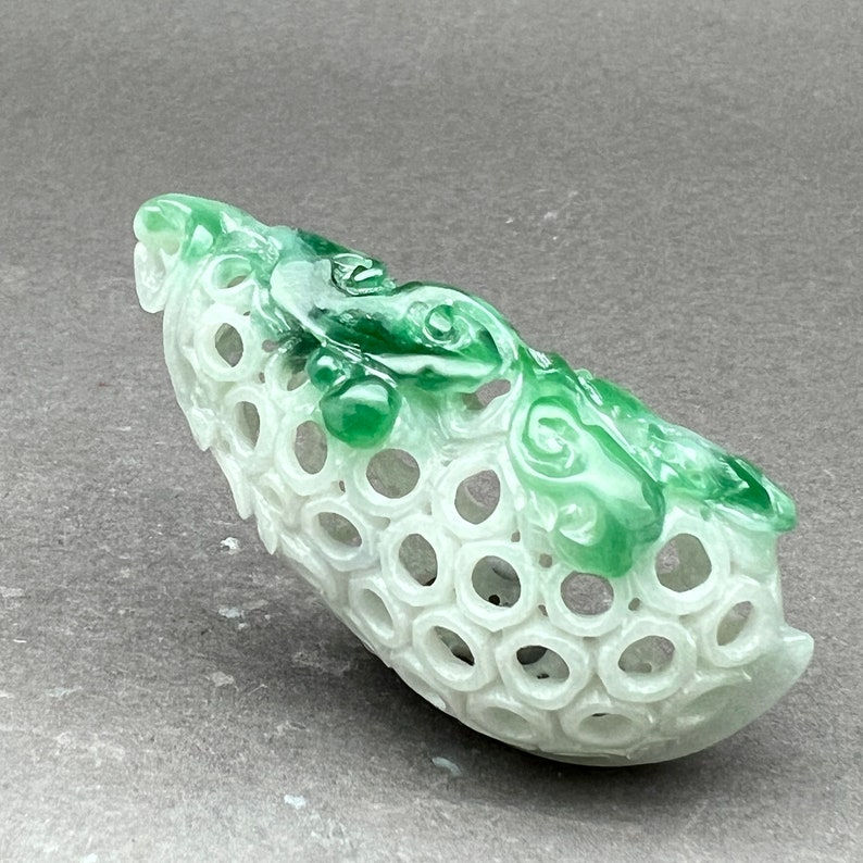 Hand carved and polished Jadeite bead: vintage fei cui of a pea pod, symbol