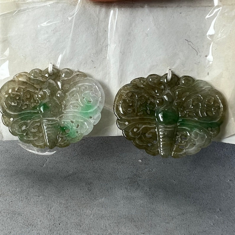 A pair of vintage Hand carved Jadeite pendant of a butterfly, Fei cui