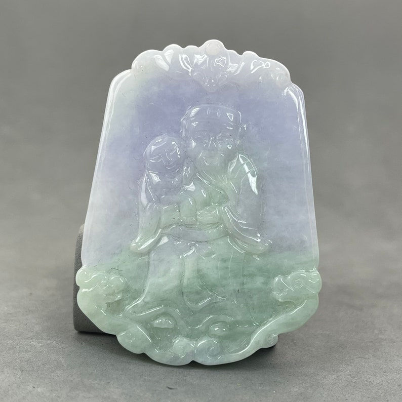 Hand carved green and lavender jade pendant of god of Fortune, natural color