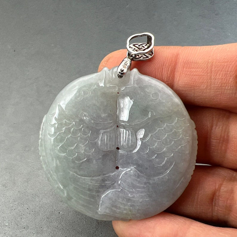 Hand carved and polished lavender jade double fish pendant, natural color fei