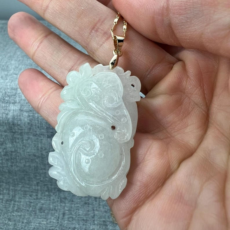 Vintage Hand carved Jadeite pendant of white lotus pad, prosperity and