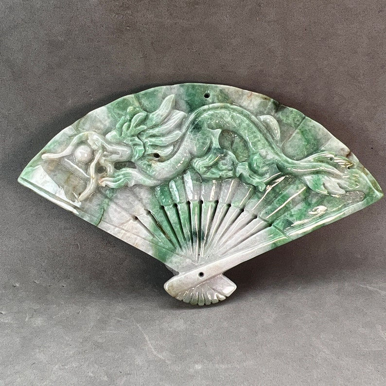 Massive Vintage Hand carved Jadeite fan shape pendant of dragon, year of the
