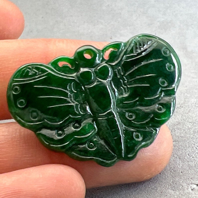 Vintage Hand carved Spinach Jadeite pendant of a butterfly, Fei cui
