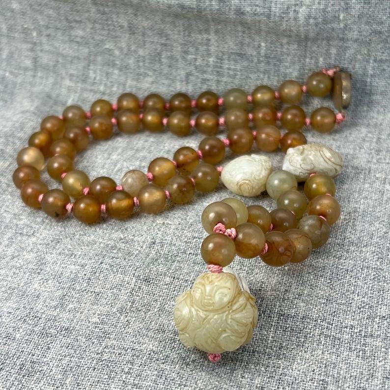 Vintage Burmese Jade Bead Necklace: Hand Carved Boy & Fish Charm, Silver Clasp