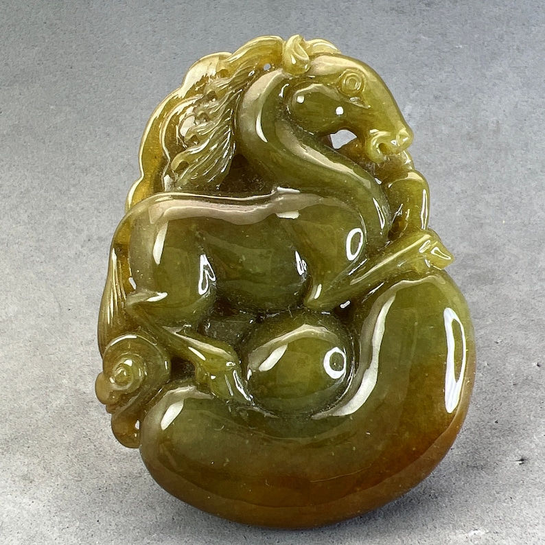 Vintage Hand carved Jadeite pendant of horse, year of horse, moss green