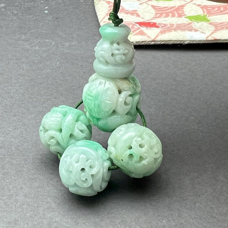 Hand Carved Jadeite Guru Bead Set: Dragon & Longevity Design