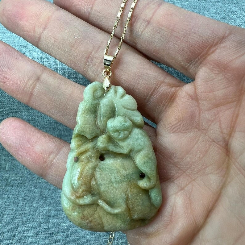 Vintage Hand carved Jadeite pendant of monkey and peach, year of the monkey