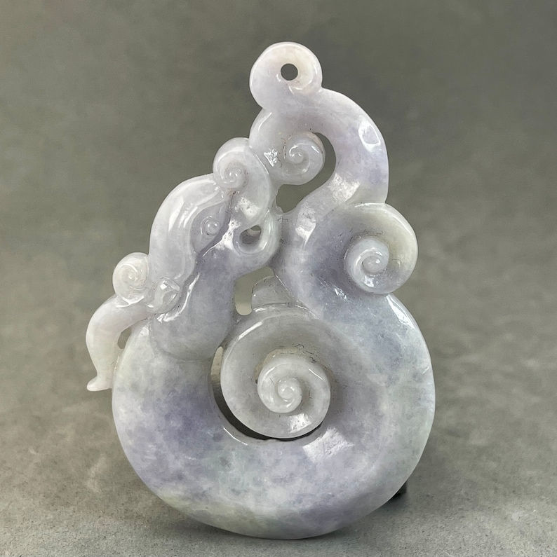 Massive Lavender jade carved pendant of Dragon chasing a framing pearl, hand