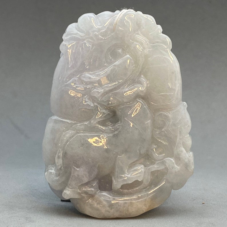 Vintage Hand carved Jadeite pendant of Kirin and lotus, pale green Burmese