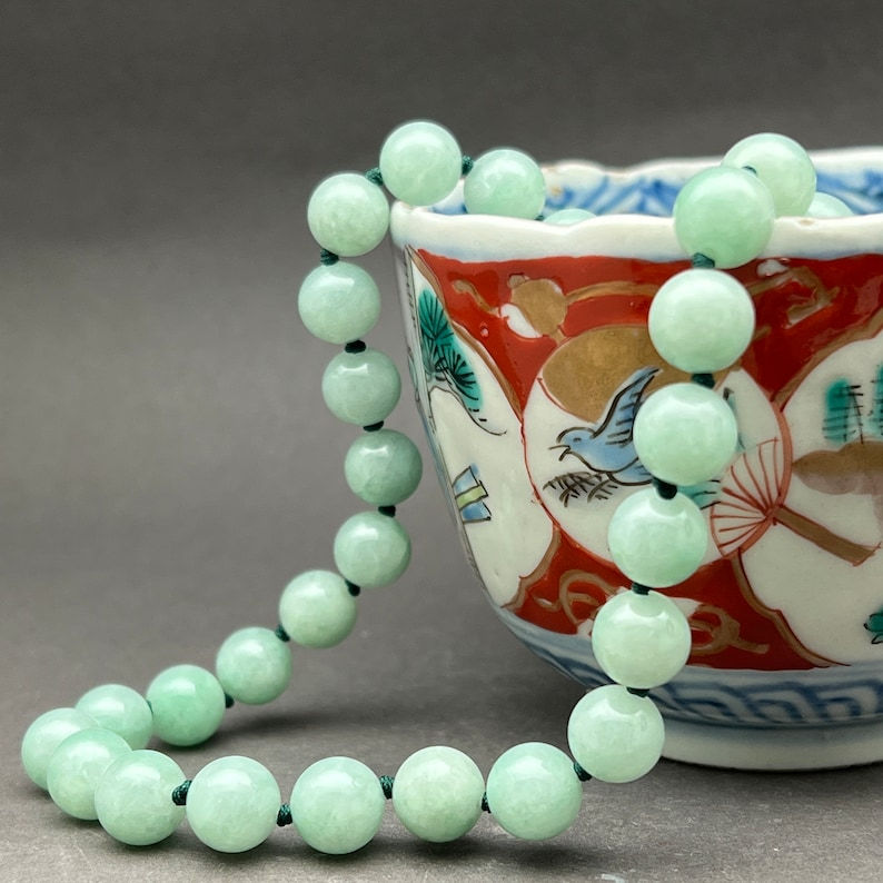 Jade necklace, plain round jade bead necklace, natural color, green jade, fei