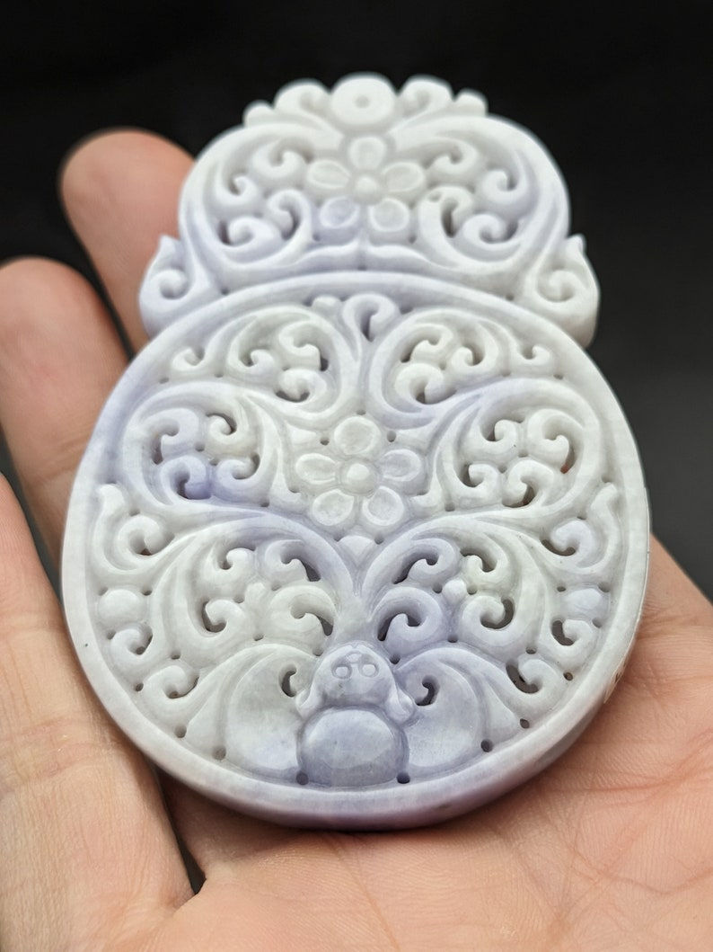 Hand Carved Lavender Jade bat and floral Pendant - Exquisite Fei Cui, Natural