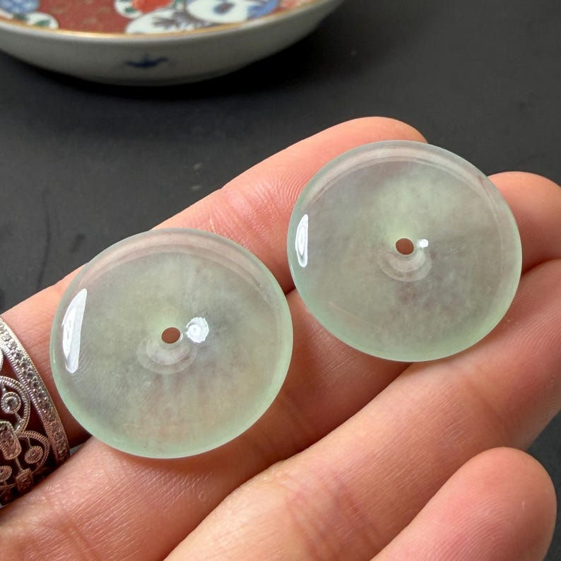 One translucent Icy green jadeite donut, Pi, necklace, pi is a symbol of
