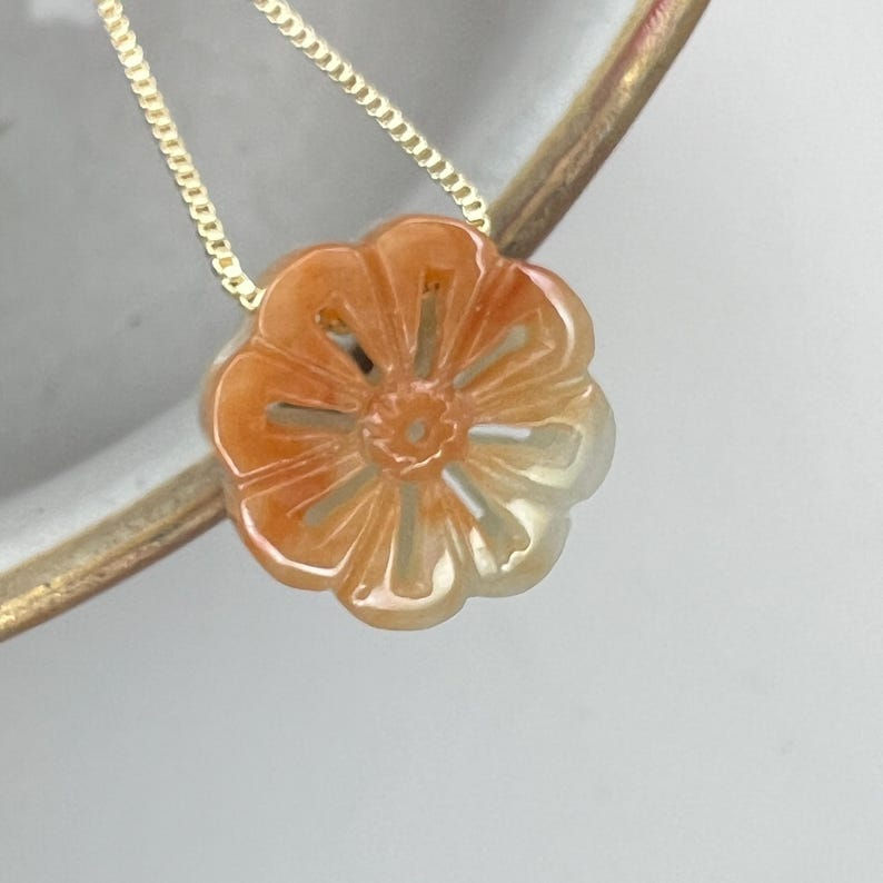 Hand Carved Jadeite Flower Charm with adjustable gold filled chain