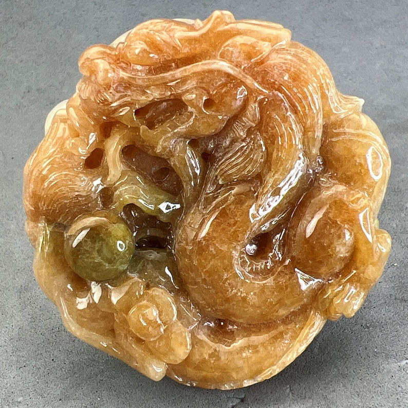 Vintage Hand carved Jadeite pendant of dragon, year of the dragon, golden