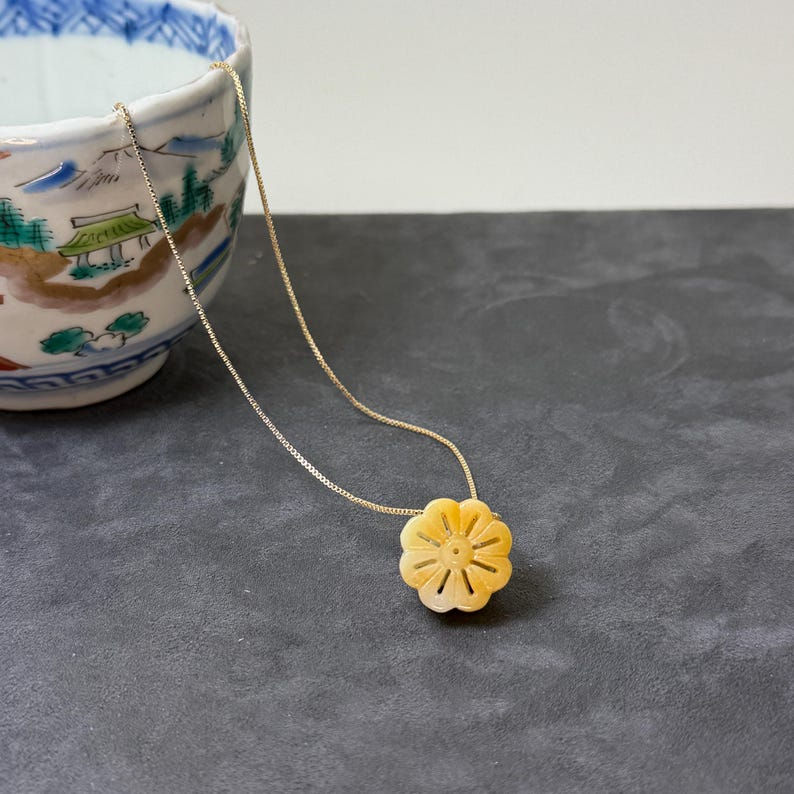 Hand Carved Jadeite Flower Charm with adjustable gold filled chain