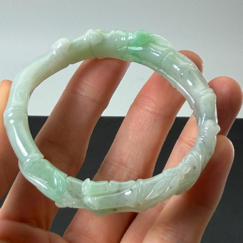 Natural jade bangle: ICY translucent Jadeite bangle carved with Bamboo