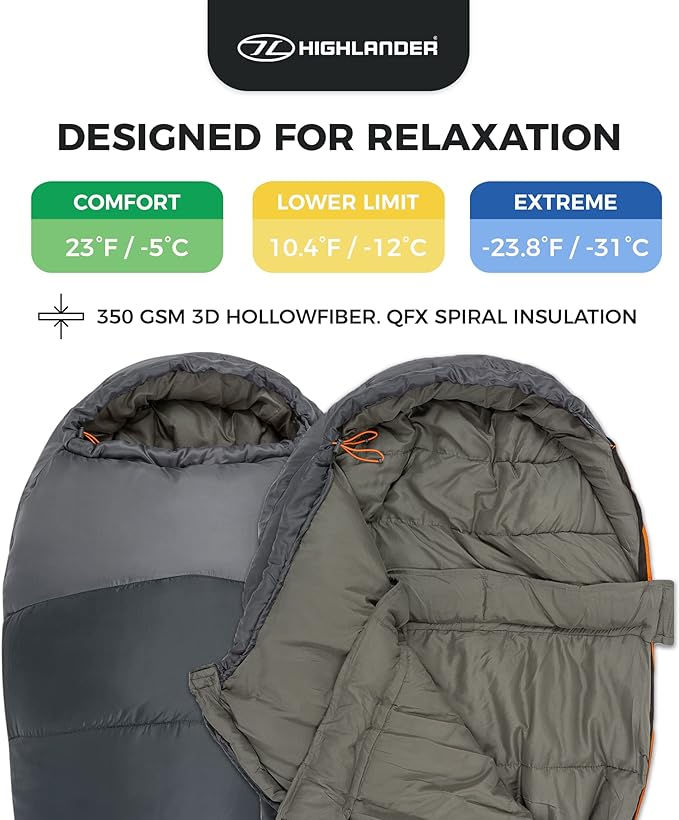 【Comfort & Warmth】- Outer shell constructed with 260T ripstop polyester makes our sleeping bag durable, lightweight, and water-resistant particularly in the winter months. The inner contains 190T polyester microfibre which is soft on the skin and breathable. Filled with a thick 350gsm 3D HollowFIbre spiral insulation used to regulate the temperature and store heat ❄️【Cold Comfort】- Conforms to EN13537 Temperature Standards - 3-4 Season Sleeping Bag has an Upper Limit: of 6°C, Comfort Rating of -5°C, Lower Limit of -12°C and Extreme Temperature of -31°C. Performs well when the temperature drops below freezing. ✨【Useful Features】- Elasticated adjustable draw cords. 3D neck prevents the heat from escaping and the cold from entering around the hood area giving a precise fit. Shoulder and Zip baffles secure the placement of the insulation to prevent clumping helping to reduce cold spots and heat loss 🔑【Easy Access】- Two-way anti-snag zipper making it accessible from inside or outside. Anti-snag zip prevents the ripstop outer shell from being caught in the zip. Self-coloured Highlander branded 4-strap compression stuff sack for safe and easy transportation or storage. Internal security pocket positioned for easy access useful for storing small personal belongings such as a mobile phone, keys, wallet ☁️【Designed For Relaxation】- Ergonomically designed foot box for enhanced comfort to allow feet to rest comfortably in their natural position. Our cold weather sleeping bag also features hanging loops to attach to external sleeping pads, backpacks, or liners 📐【Dimensions】: 215cm x 70cm x 30cm Weight: 2.56kg Stuff Sack Size: 45cm x 25cm x 25cm