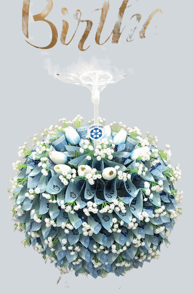 Bouquet d'argent anniversaire avec ballon transparent Happy Birthday