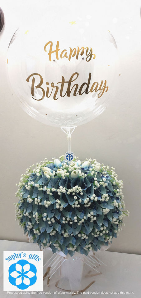 Bouquet d'argent anniversaire avec ballon transparent Happy Birthday