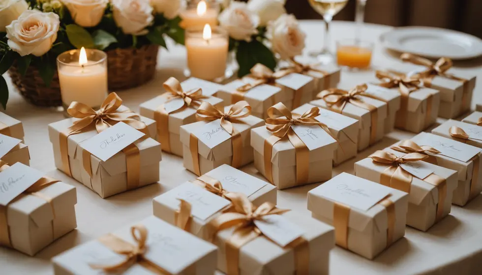 a row of small boxes with gold ribbons and tags that say ' julia ' on them