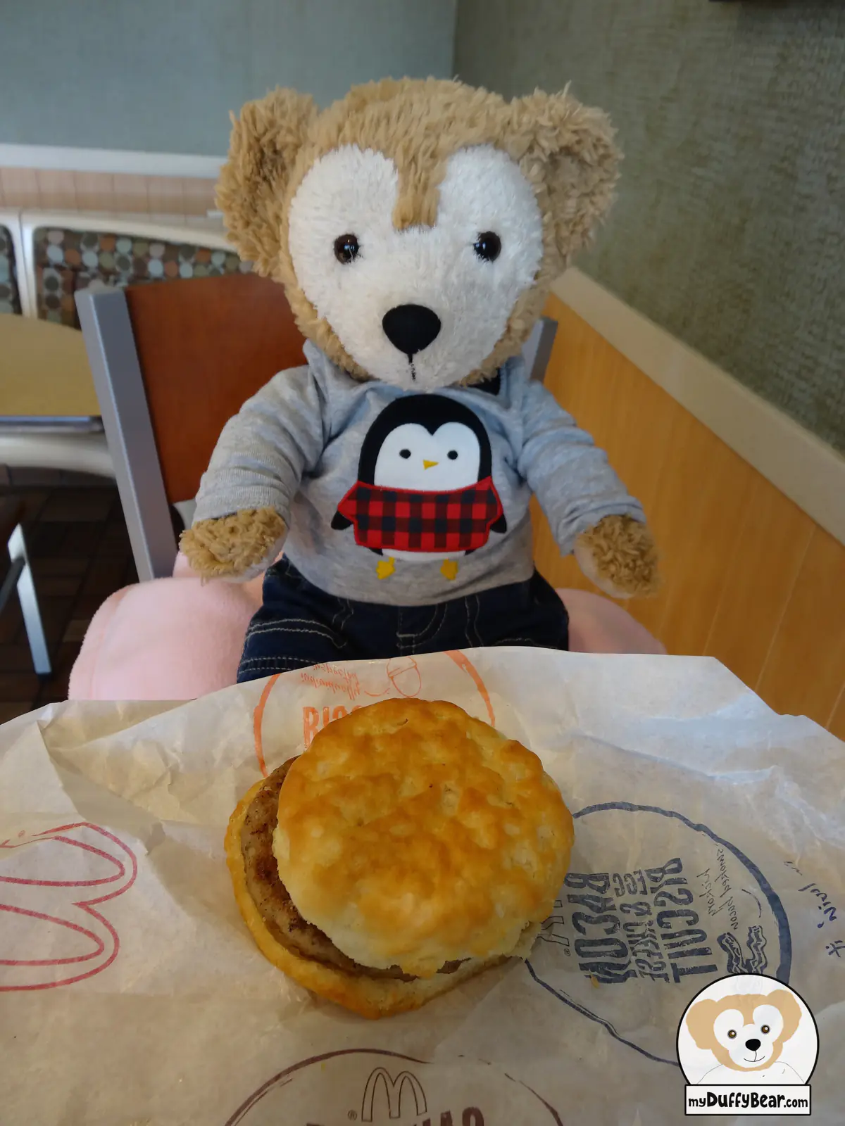 Duffy's had is jacket off and he is wearing a grey long-sleeved stretch knit shirt with a big penguin in the front. The penguin is wearing a red and black checked shirt. The McDonald's breakfast sandwich is in front of Duffy on it's wrapping paper.