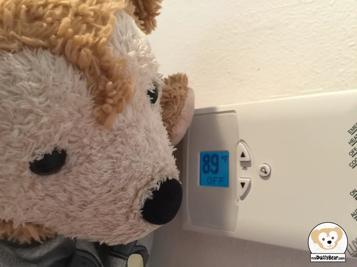 Duffy the Disney Bear air conditioner is broken He looks at thermostat in shock! It reads 89 degrees inside the house! 