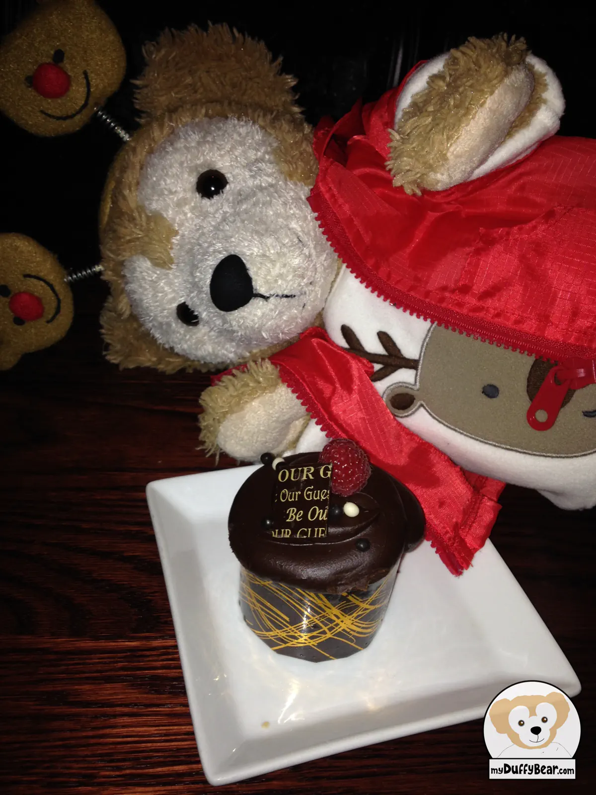Duffy fell over on his side, but he's still looking at his cupcake