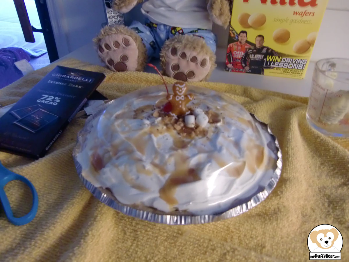 Duffy the Disney Bear shows off the cherry on top of his Caramel Drizzle Pie