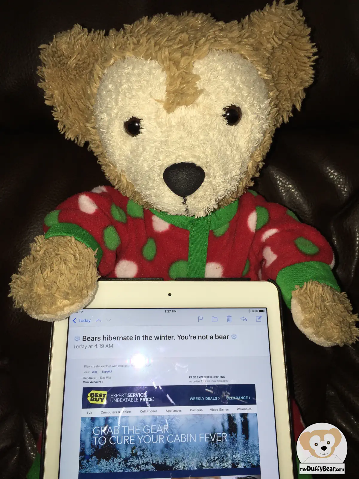 Duffy wearing fleece red onesie pajamas with red and green polkadots and green wrist and neck trim is holding his iPad with the email from Best Buy