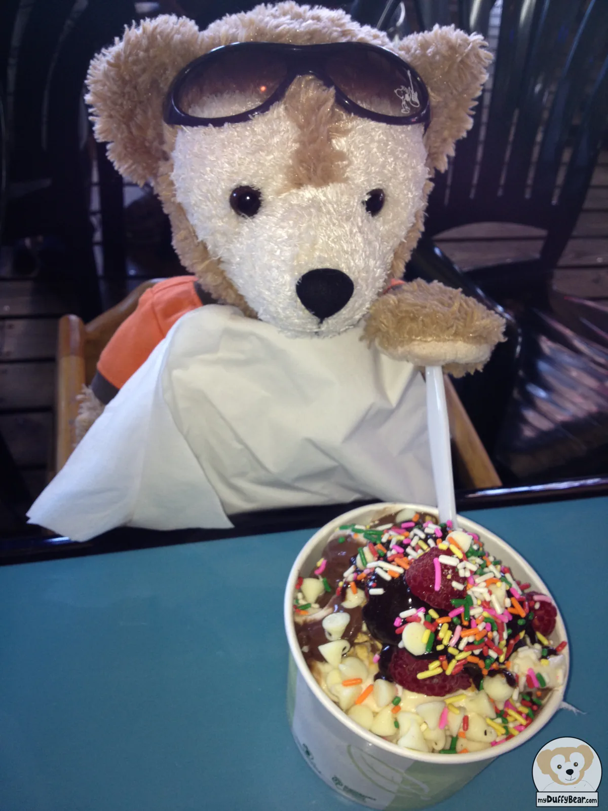 Duffy is enjoying an ice cream sundae