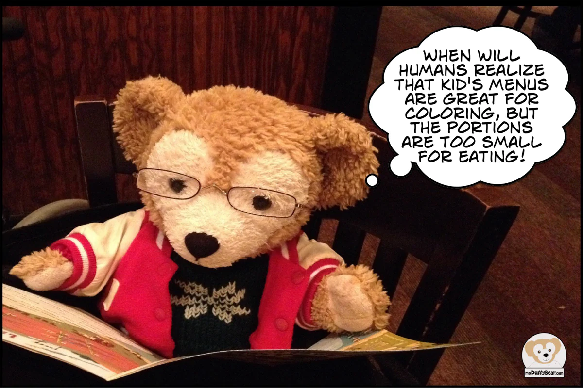 Duffy is reading the children's menu and commenting that the portions are too small, but the menu is fun to color.