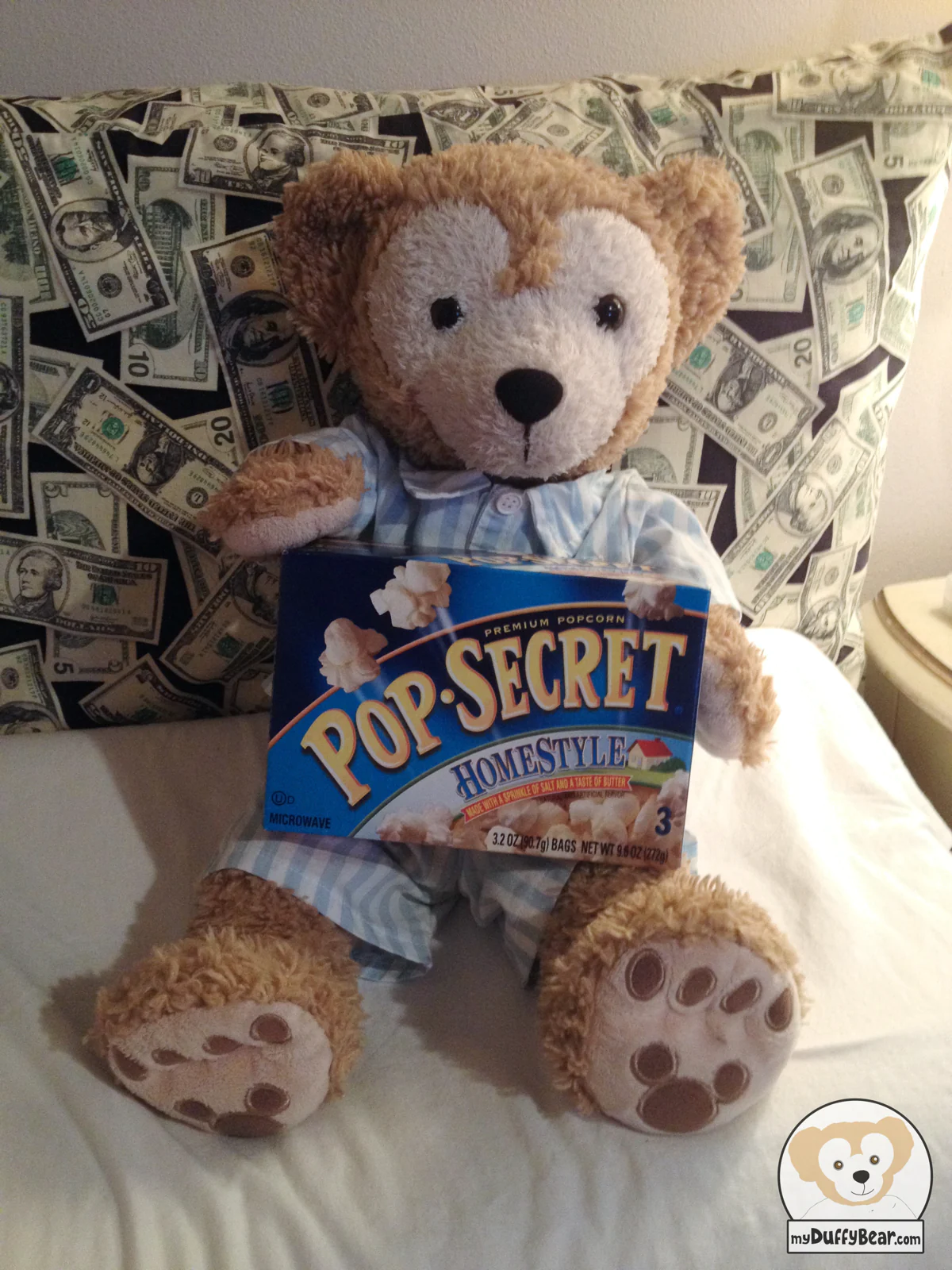 Duffy the Disney Bear sharing his Pop Secret Popcorn