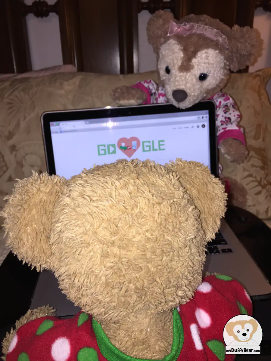 Duffy laptop screen shows the google logo for the day. The letters of of Google are in Green and the second 'o' is replaced by a large red heart