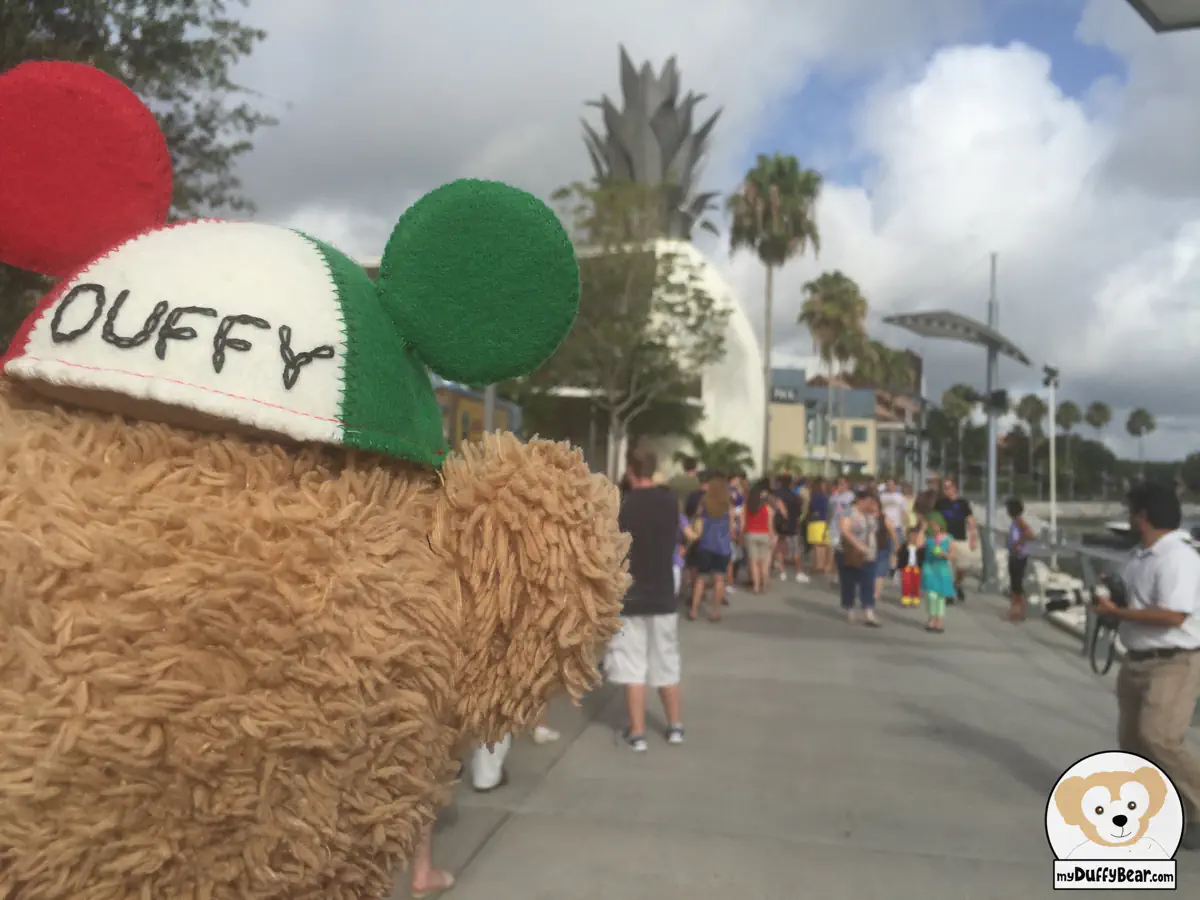 Duffy looks at the long line ahead to get into the movie preview