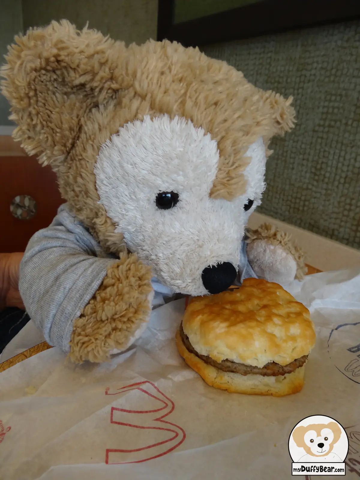 Duffy has his mouth on his sandwich and is reaching to pick it up for a bite.