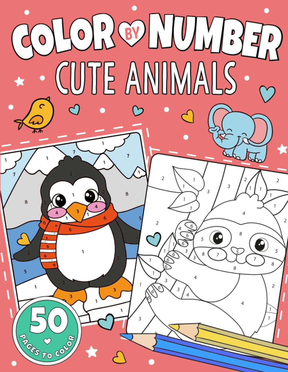 Cute Animals Color by Number for Kids Ages 4-8: Coloring Book of 50 Farm, Jungle