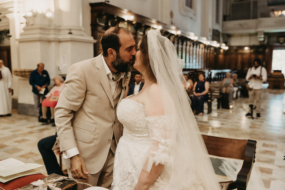 Wedding kiss after the ceremony in Italy