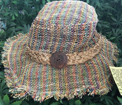 rainbow hemp floppy hat with braided hemp twine and wooden bead accent