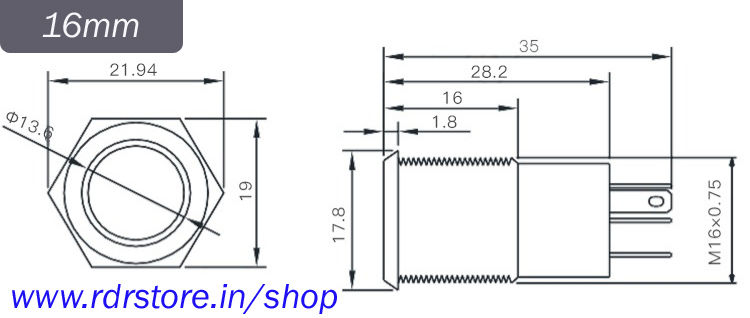 Thumbnail: 16mm/19mm illuminated pushbutton switch Waterproof, no nc, for Cars and Bikes